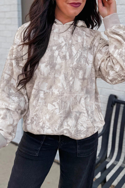 Abstract Camouflage Print Ribbed Edge Long Sleeve Hoodie
