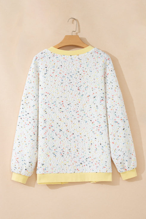 Abstract Confetti Pattern Paneled Border Trim Ribbed Knit Cardigan