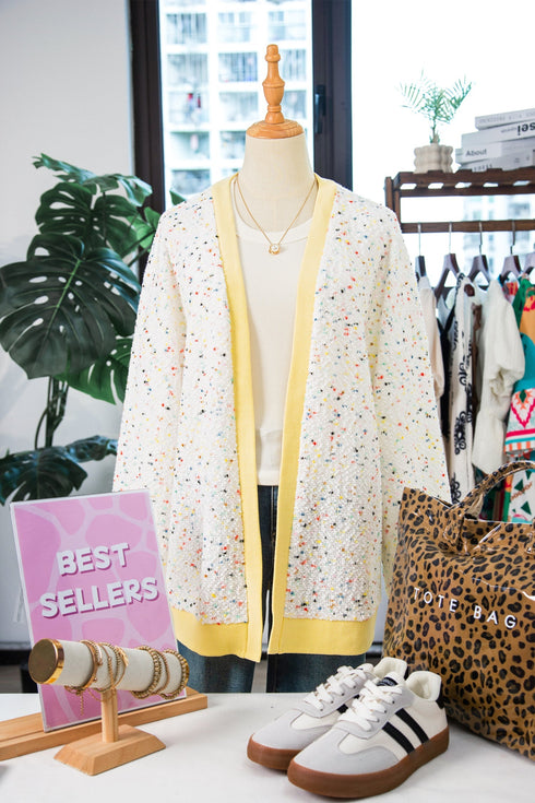 Abstract Confetti Pattern Paneled Border Trim Ribbed Knit Cardigan