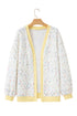 Abstract Confetti Pattern Paneled Border Trim Ribbed Knit Cardigan