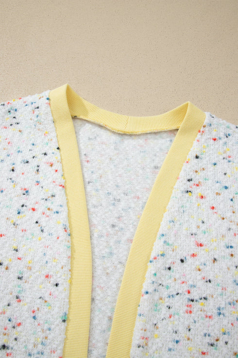 Abstract Confetti Pattern Paneled Border Trim Ribbed Knit Cardigan