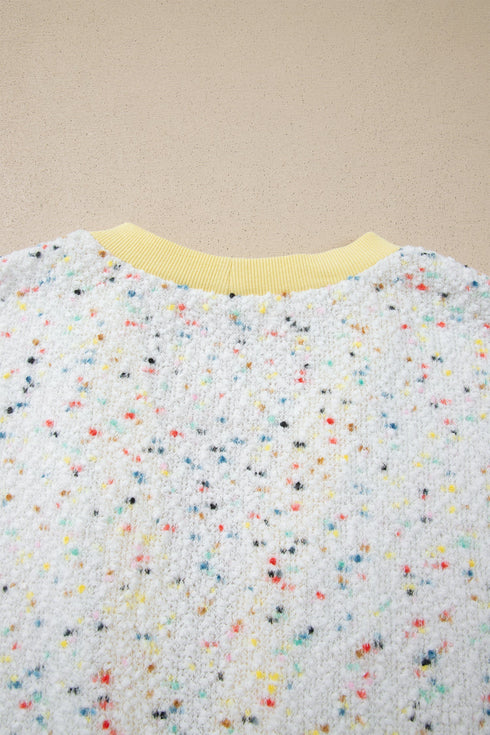 Abstract Confetti Pattern Paneled Border Trim Ribbed Knit Cardigan