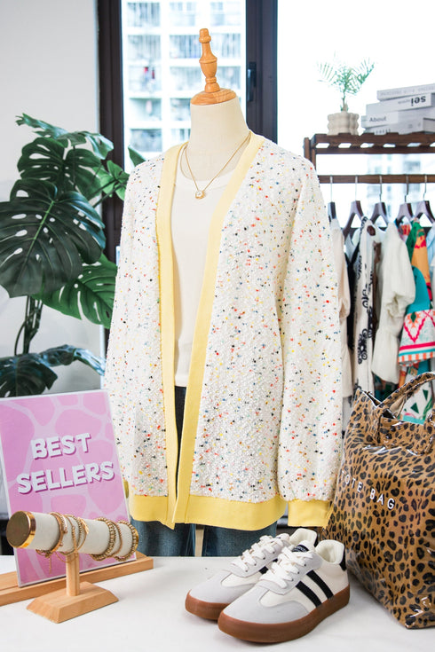 Abstract Confetti Pattern Paneled Border Trim Ribbed Knit Cardigan