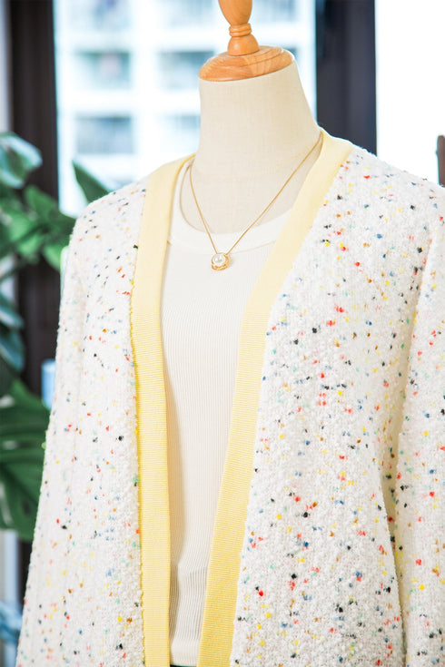 Abstract Confetti Pattern Paneled Border Trim Ribbed Knit Cardigan