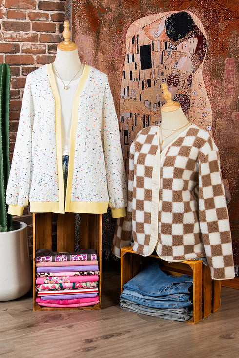 Abstract Confetti Pattern Paneled Border Trim Ribbed Knit Cardigan