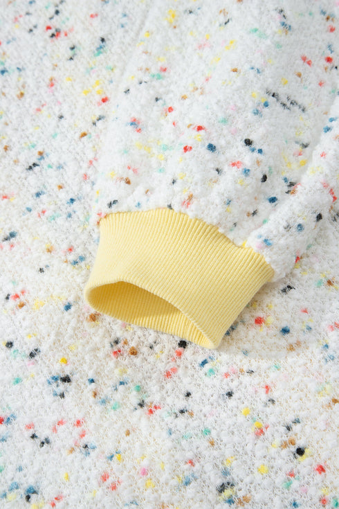 Abstract Confetti Pattern Paneled Border Trim Ribbed Knit Cardigan