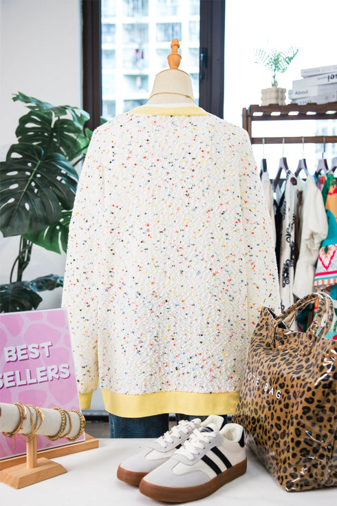 Abstract Confetti Pattern Paneled Border Trim Ribbed Knit Cardigan