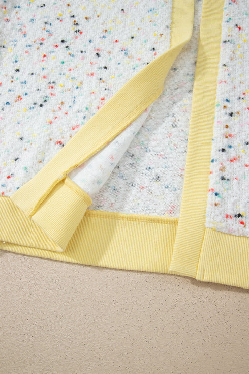 Abstract Confetti Pattern Paneled Border Trim Ribbed Knit Cardigan