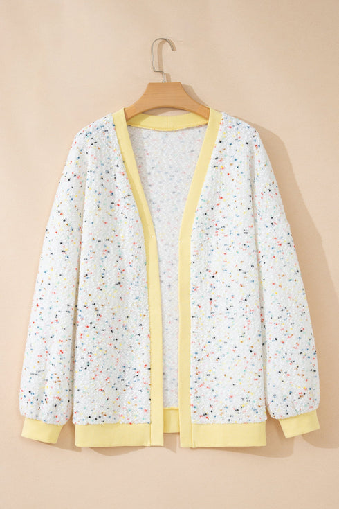 Abstract Confetti Pattern Paneled Border Trim Ribbed Knit Cardigan