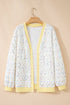 Abstract Confetti Pattern Paneled Border Trim Ribbed Knit Cardigan