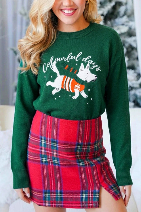 Abstract Dog Embroidered Round Neck Applique Sweater