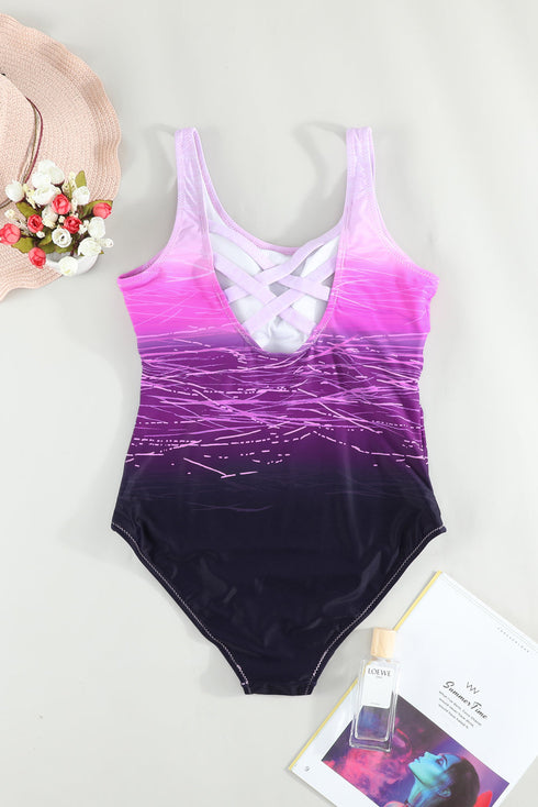 Abstract Etched Print Scoop Neck One Piece Swimsuit