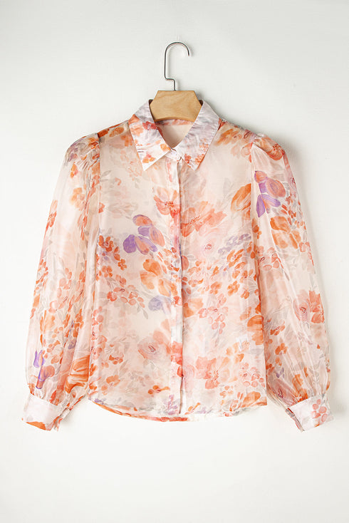 Abstract Floral Balloon Sleeve Button Down Blouse