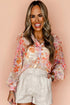 Abstract Floral Balloon Sleeve Button Down Blouse