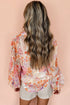 Abstract Floral Balloon Sleeve Button Down Blouse