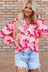 Abstract Floral Balloon Sleeve Button Down Shirt
