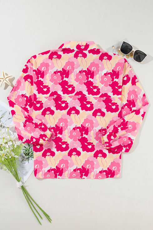 Abstract Floral Balloon Sleeve Button Down Shirt