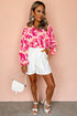 Abstract Floral Balloon Sleeve Button Down Shirt