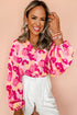Abstract Floral Balloon Sleeve Button Down Shirt