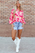 Abstract Floral Balloon Sleeve Button Down Shirt