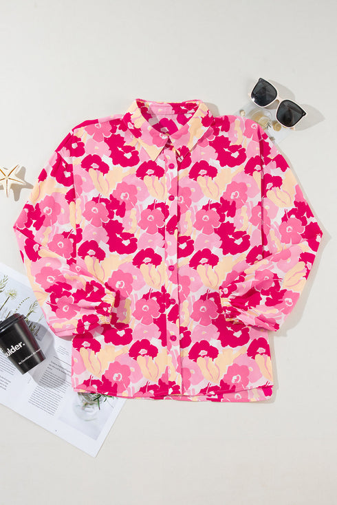 Abstract Floral Balloon Sleeve Button Down Shirt