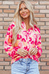 Abstract Floral Balloon Sleeve Button Down Shirt
