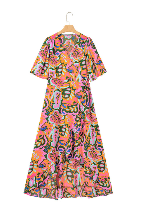 Abstract Floral Flutter Sleeve High Low Wrap Dress