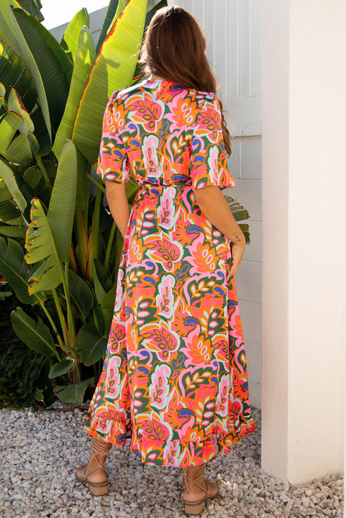 Abstract Floral Flutter Sleeve High Low Wrap Dress