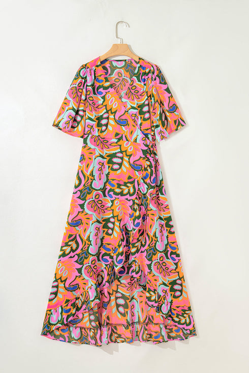 Abstract Floral Flutter Sleeve High Low Wrap Dress
