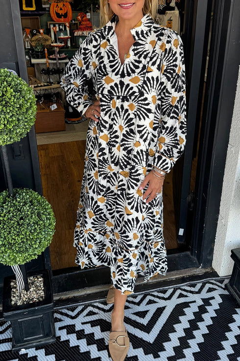 Abstract Floral Print A Line Split Neck Maxi Dress