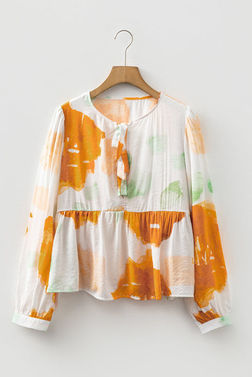 Abstract Floral Print Bow Tie Puff Sleeve Woven Blouse