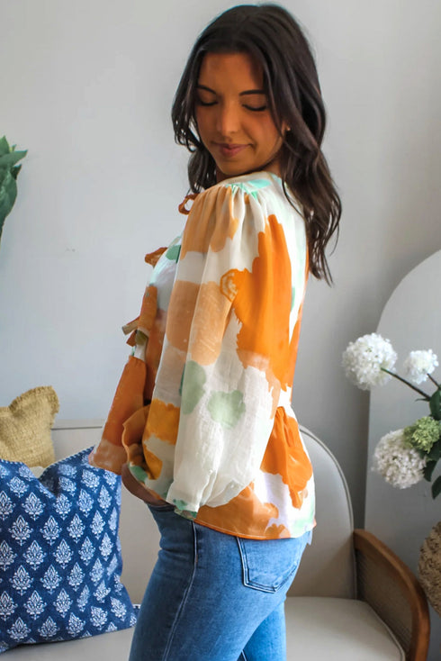 Abstract Floral Print Bow Tie Puff Sleeve Woven Blouse