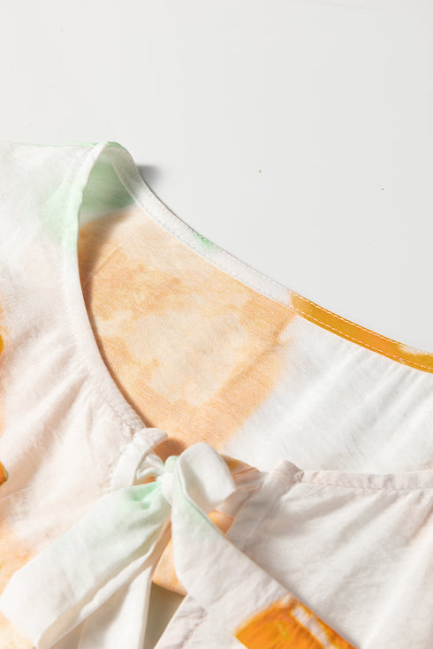 Abstract Floral Print Bow Tie Puff Sleeve Woven Blouse