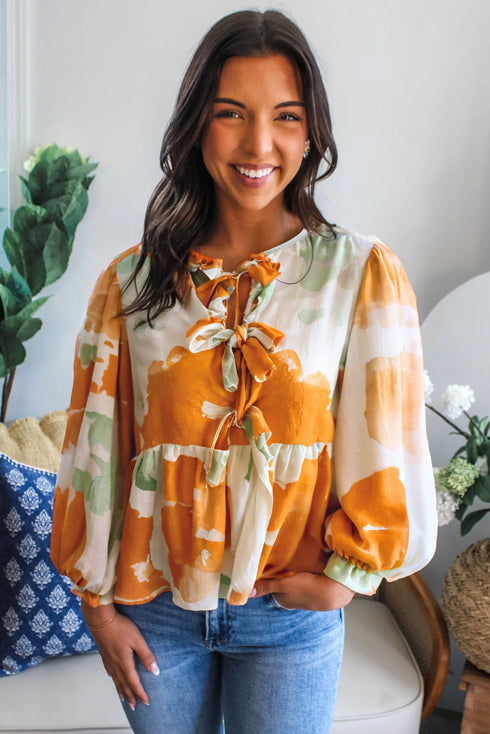 Abstract Floral Print Bow Tie Puff Sleeve Woven Blouse