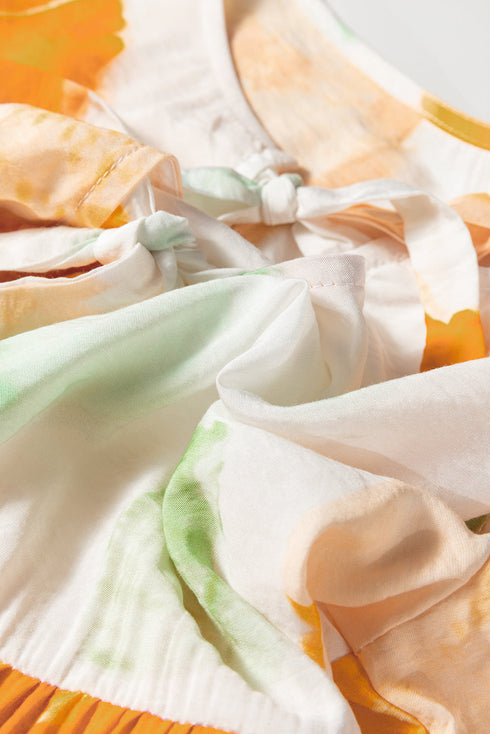 Abstract Floral Print Bow Tie Puff Sleeve Woven Blouse