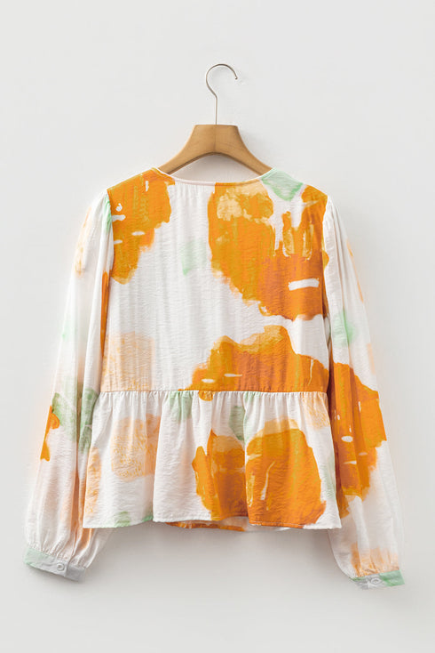 Abstract Floral Print Bow Tie Puff Sleeve Woven Blouse