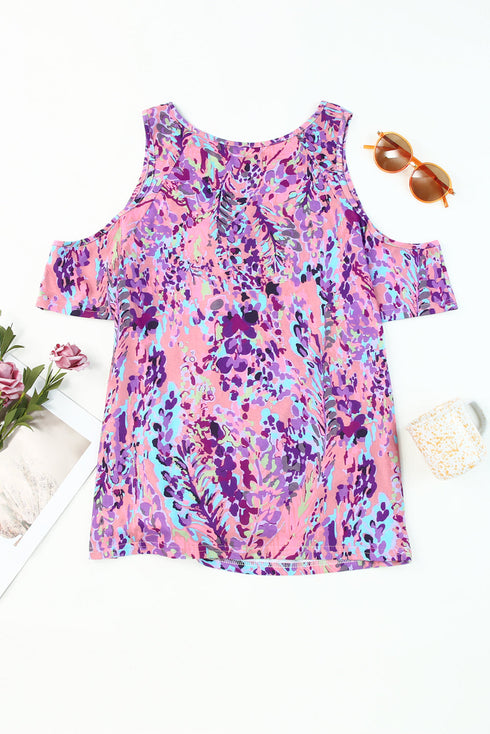 Abstract Floral Print Cold Shoulder Relaxed Blouse