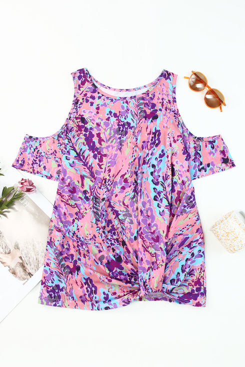 Abstract Floral Print Cold Shoulder Relaxed Blouse