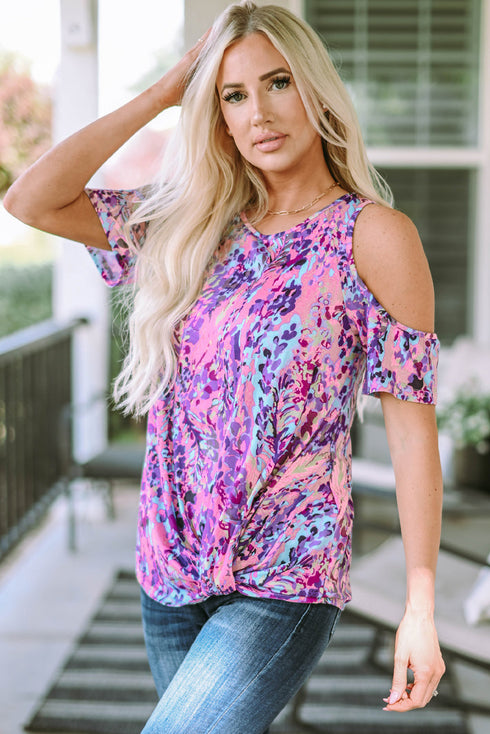 Abstract Floral Print Cold Shoulder Relaxed Blouse