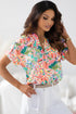 Abstract Floral Print Notch V Neck Rolled Short Sleeve Blouse