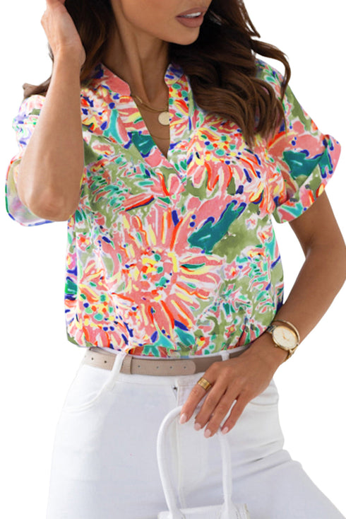 Abstract Floral Print Notch V Neck Rolled Short Sleeve Blouse