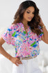 Abstract Floral Print Notch V Neck Rolled Short Sleeve Blouse
