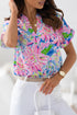 Abstract Floral Print Notch V Neck Rolled Short Sleeve Blouse