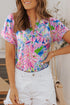 Abstract Floral Print Notch V Neck Rolled Short Sleeve Blouse