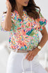Abstract Floral Print Notch V Neck Rolled Short Sleeve Blouse