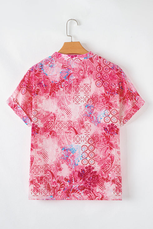 Abstract Floral Print Notch V Neck Rolled Sleeve Blouse