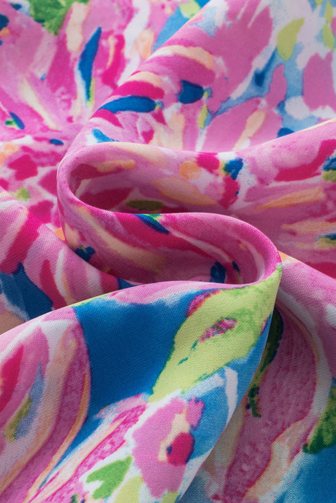 Abstract Floral Print Notch V Neck Rolled Sleeve Blouse