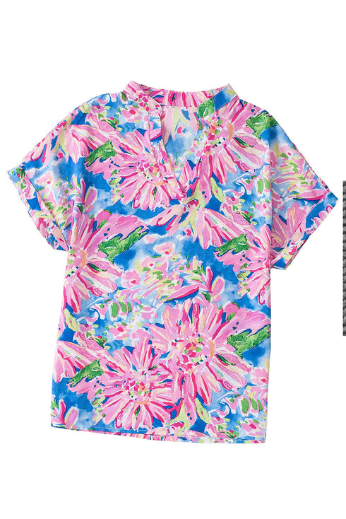 Abstract Floral Print Notch V Neck Rolled Sleeve Blouse