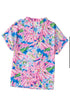 Abstract Floral Print Notch V Neck Rolled Sleeve Blouse