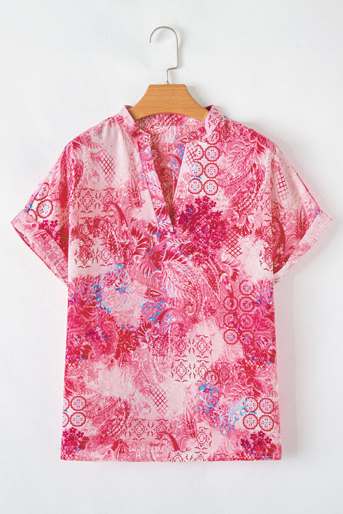 Abstract Floral Print Notch V Neck Rolled Sleeve Blouse